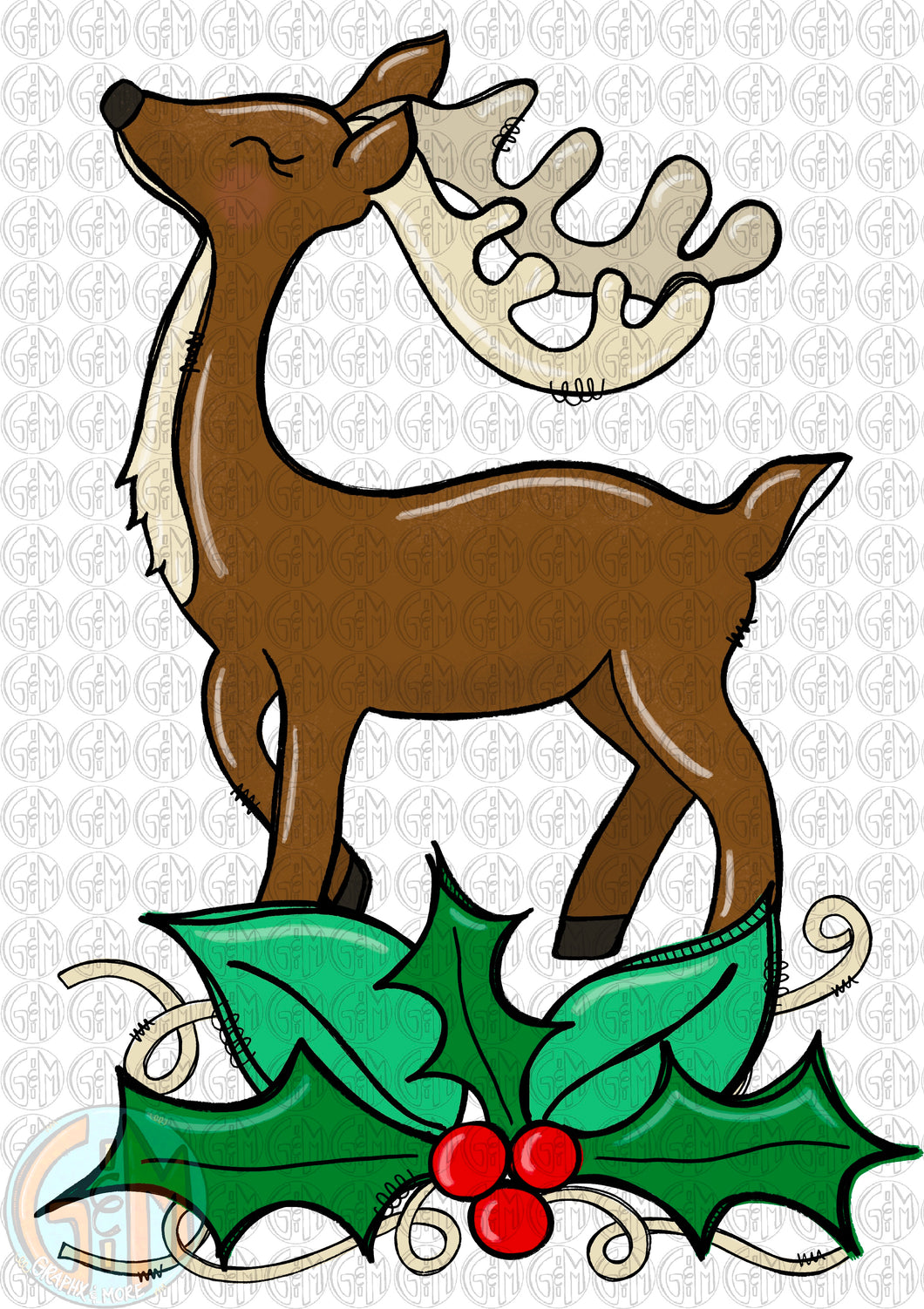 Reindeer with Holly PNG | Sublimation Design | Hand Drawn