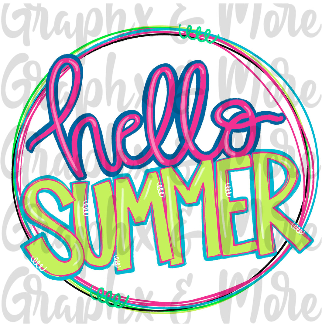 Circle Hello Summer PNG | Sublimation Design | Hand Drawn