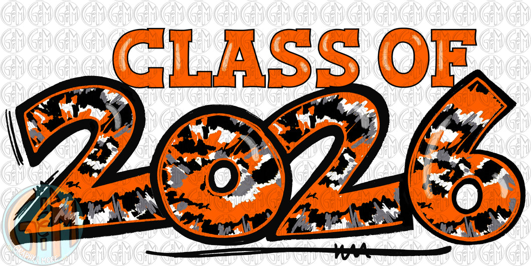 Class of 2026 PNG | Orange and Black Tie Dye | Sublimation Design | Hand Drawn