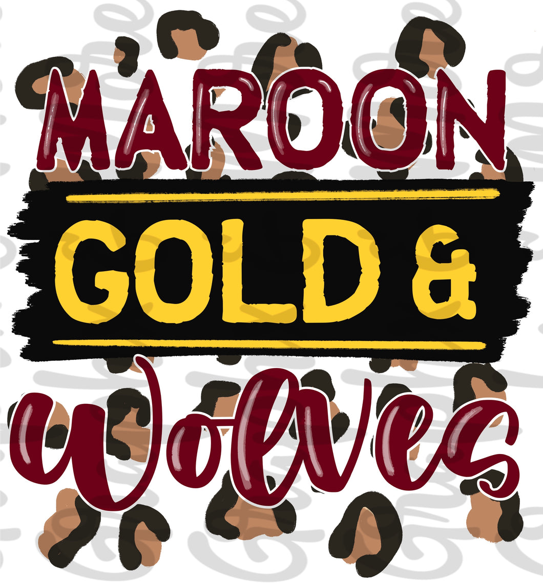 Maroon, Gold & Wolves PNG | Sublimation Design | Hand Drawn