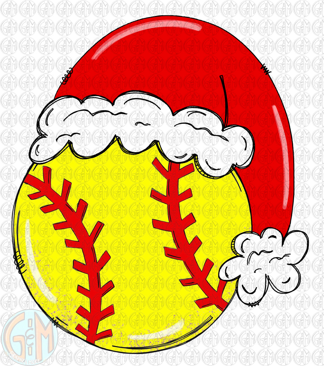 Santa Hat Softball PNG | Sublimation Design | Hand Drawn