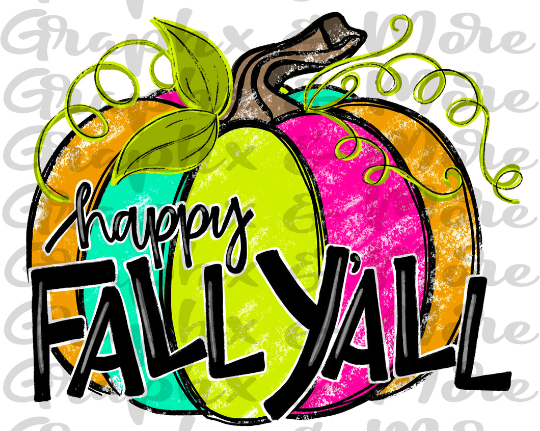 Happy Fall Y’all Bright Pumpkin PNG | Sublimation Design | Hand Drawn