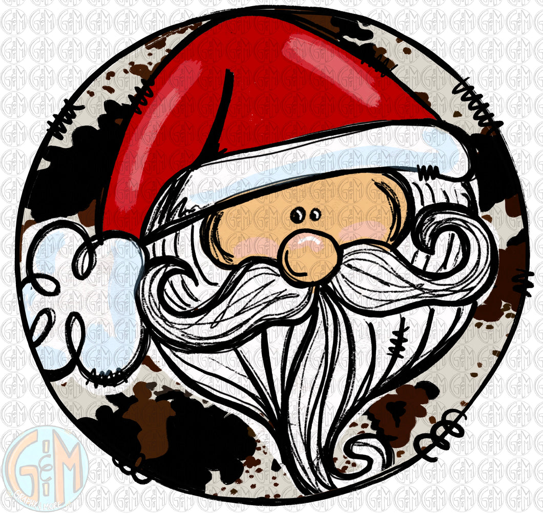 Round Cowhide Santa PNG | Sublimation Design | Hand Drawn