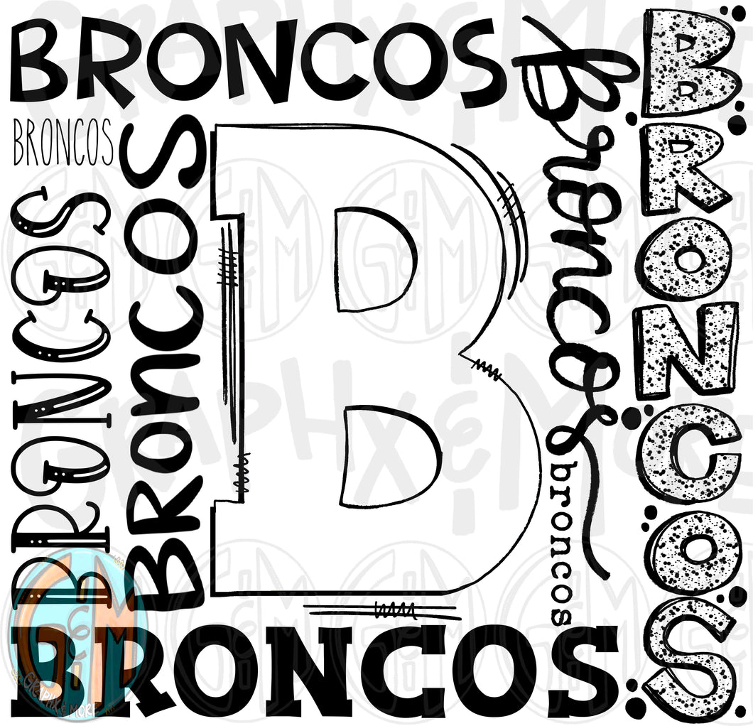 Single Color Broncos Collage PNG | Sublimation Design | Hand Drawn