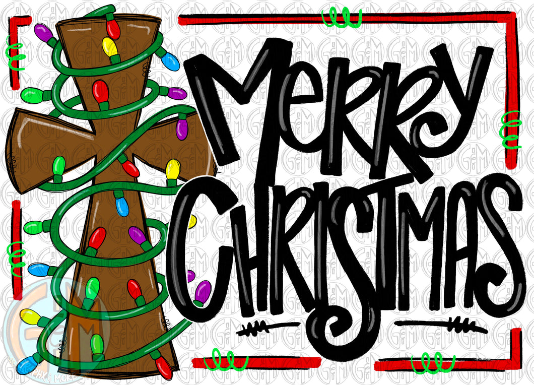 Merry Christmas Cross with Lights PNG | Sublimation Design | Hand Drawn