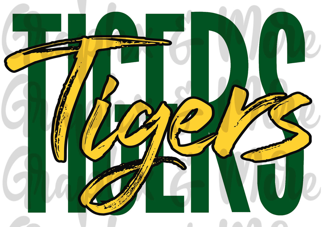 Tigers Duo PNG | Green & Gold | Sublimation Design | Hand Drawn