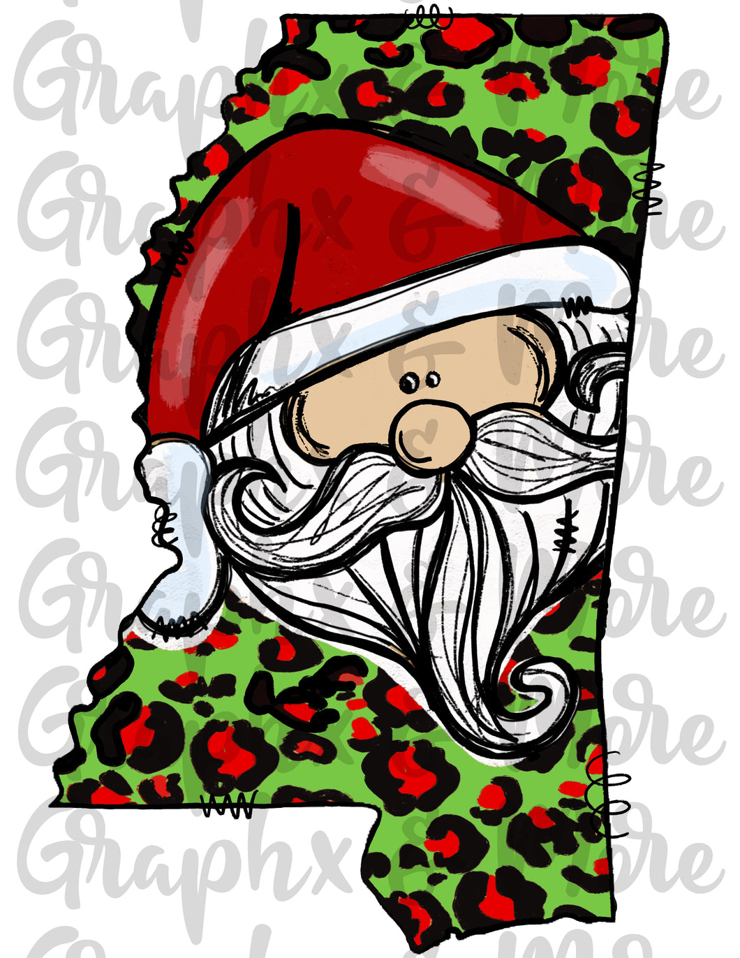 Mississippi Christmas Leopard Santa PNG | Sublimation Design | Hand Drawn