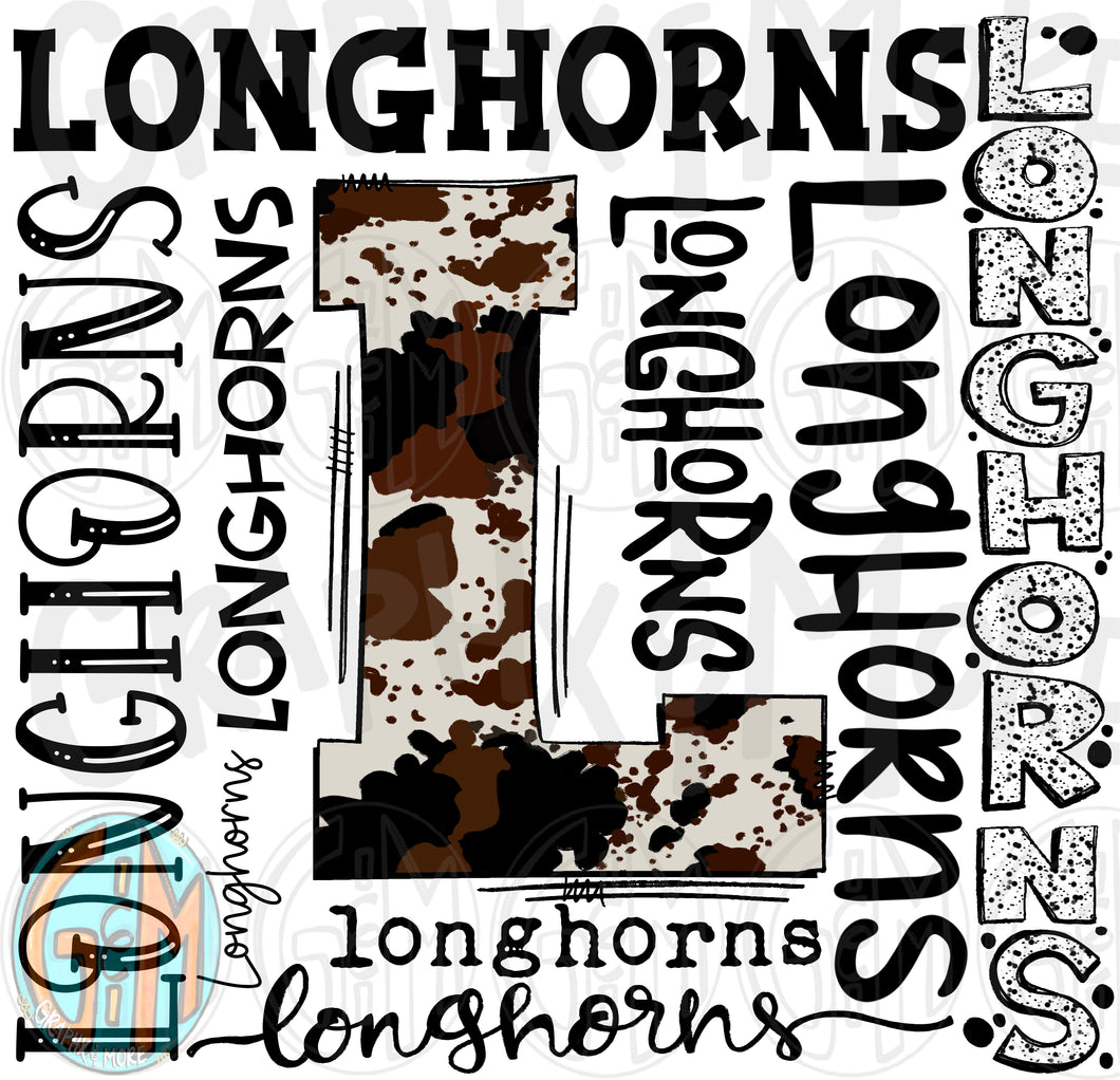 Cowhide Longhorns Collage PNG | Sublimation Design | Hand Drawn