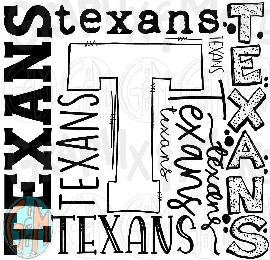 Single Color Texans Collage PNG | Sublimation Design | Hand Drawn