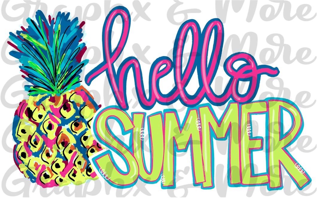 Pineapple Hello Summer PNG | Sublimation Design | Hand Drawn