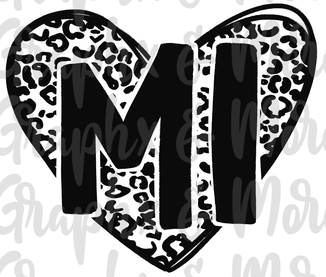 Single Color Leopard Heart MI PNG | Michigan | Sublimation Design | Hand Drawn