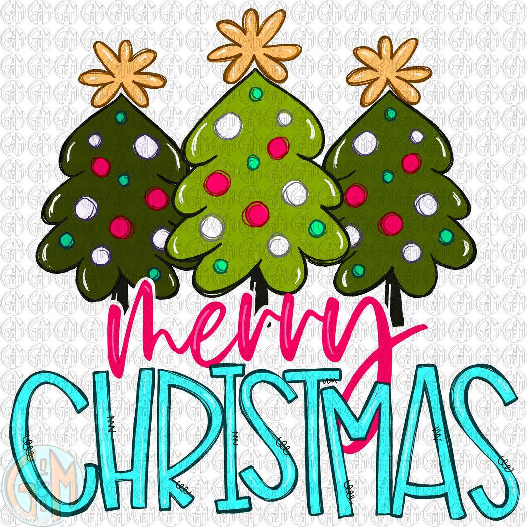 Bright Merry Christmas with Trees PNG | Sublimation Design | Hand Drawn