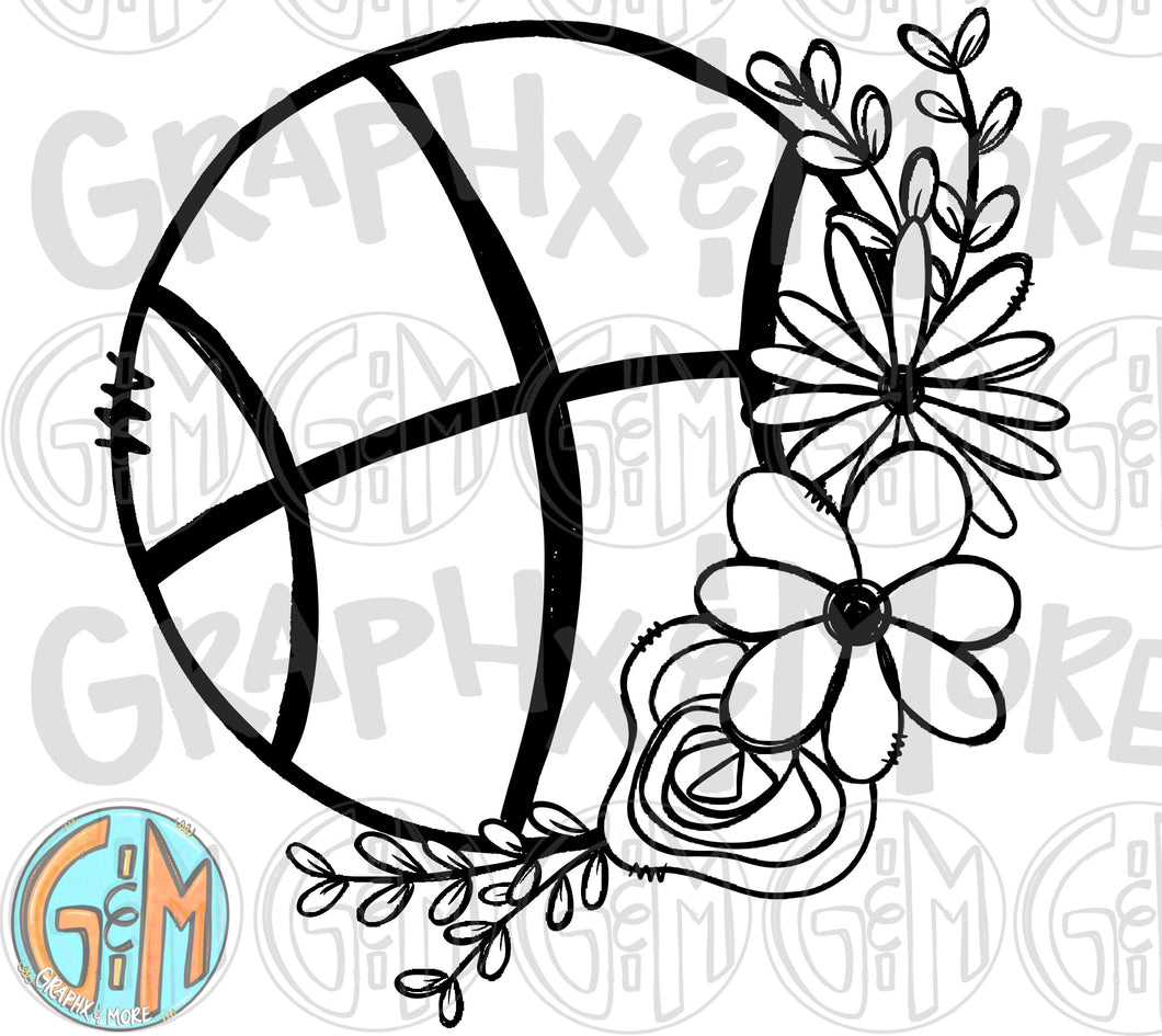 Single Color Floral Basketball PNG | Sublimation Design | Hand Drawn