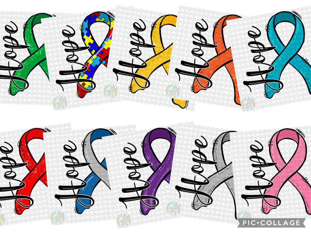 Hope Ribbon Bundle PNG | 10 Digitals | Hand Drawn | Sublimation Design