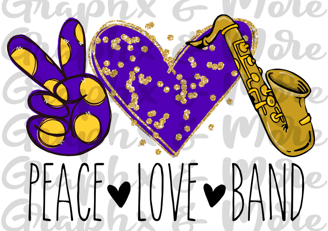 Peace Love Band (Saxophone) PNG | Purple & Gold | Sublimation Design | Hand Drawn