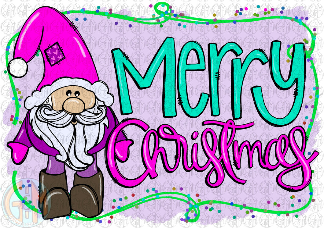 Bright Merry Christmas Santa Gnome w/ background PNG | Sublimation Design | Hand Drawn