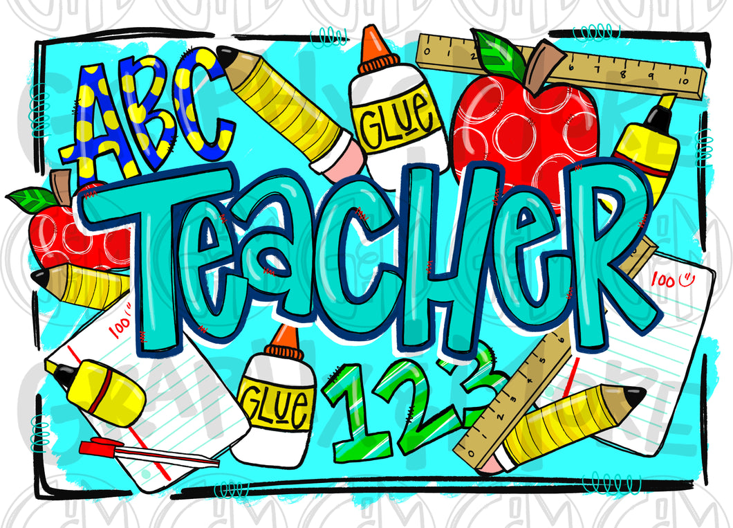 Teal Teacher PNG | Sublimation Design | Hand Drawn