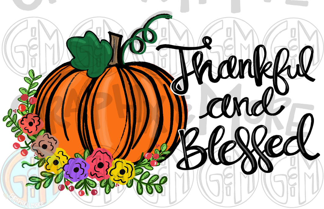 Thankful and Blessed Floral Pumpkin PNG | Sublimation Design | Hand Drawn