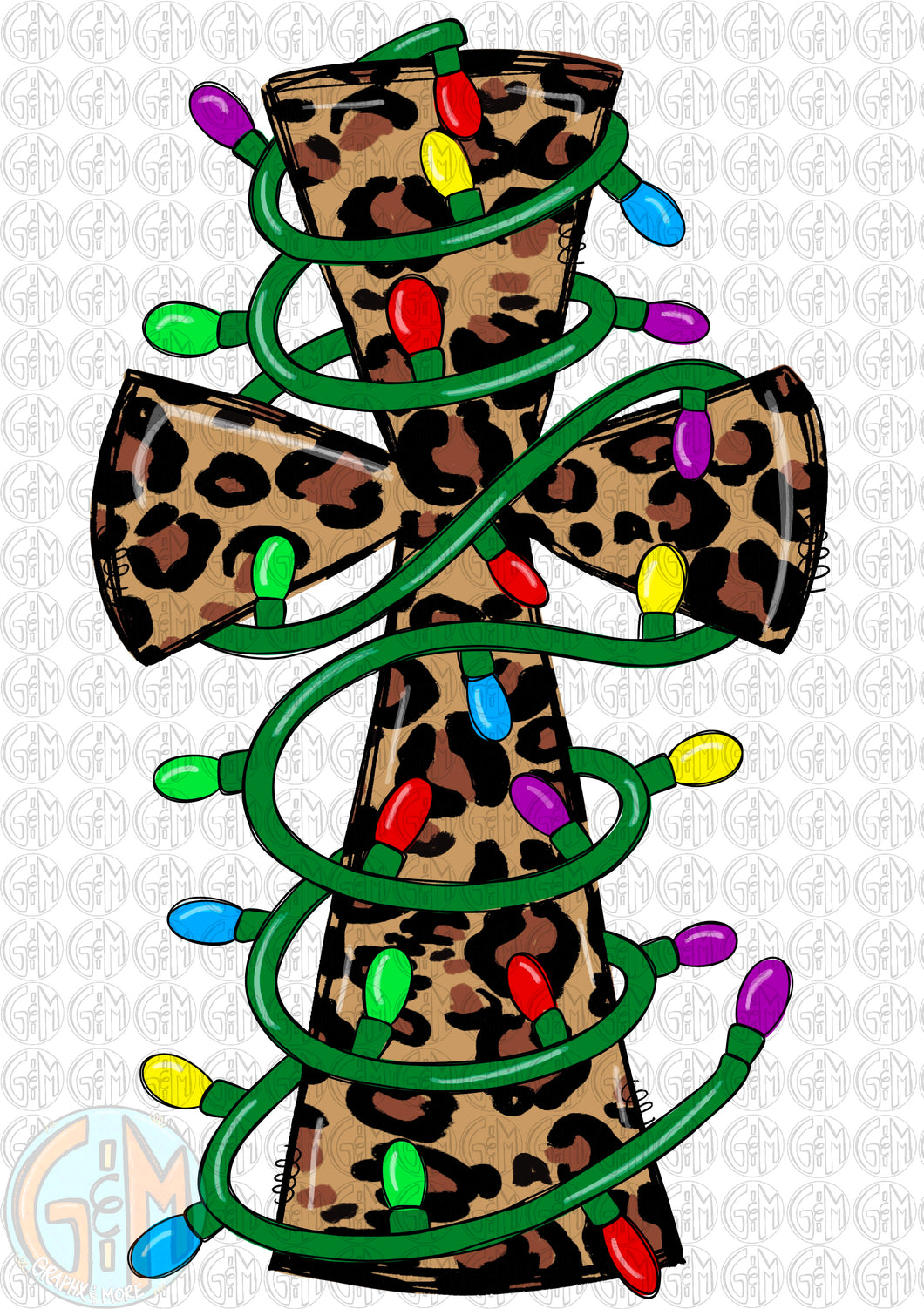 Leopard Christmas Cross with Lights PNG | Sublimation Design | Hand Drawn
