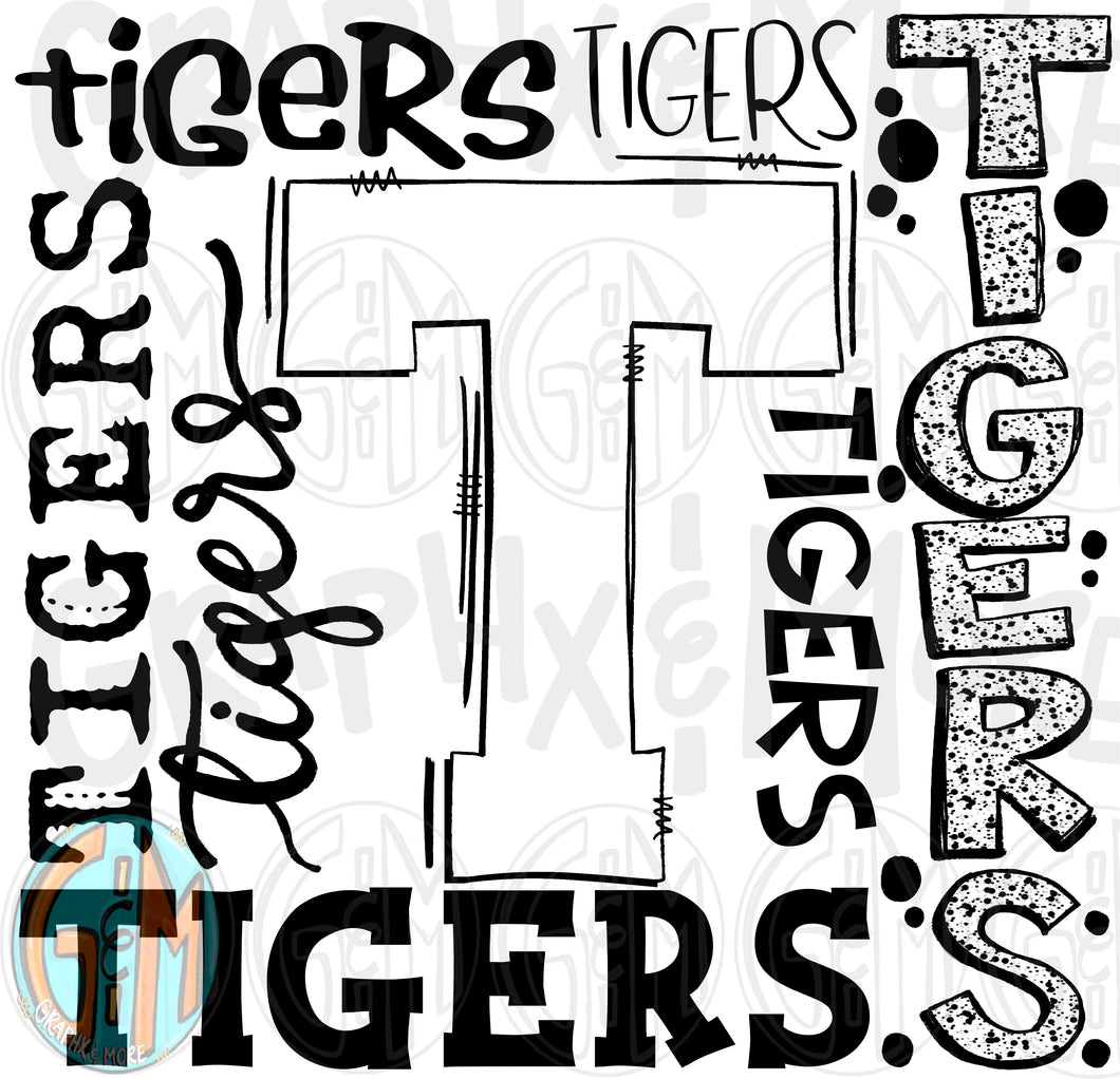 Single Color Tigers Collage PNG | Sublimation Design | Hand Drawn
