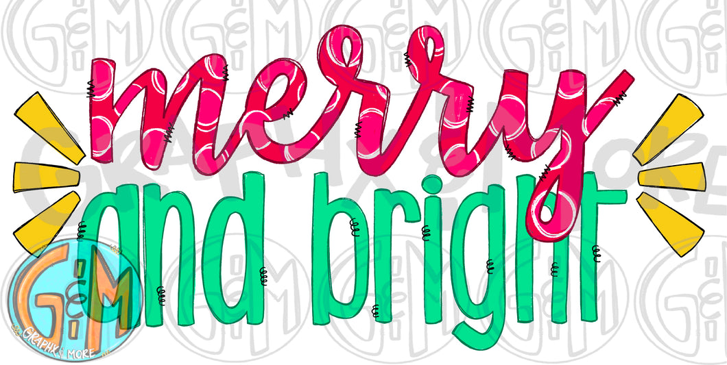 Merry and Bright PNG | Sublimation Design | Hand Drawn