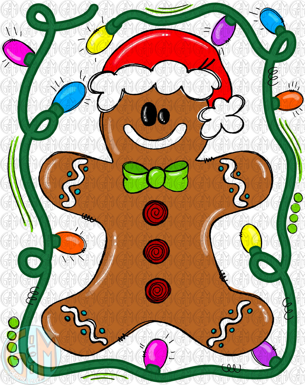 Gingerbread Man with Lights PNG | Sublimation Design | Hand Drawn