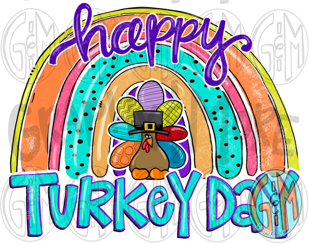 Happy Turkey Day Rainbow PNG | Sublimation Design | Hand Drawn