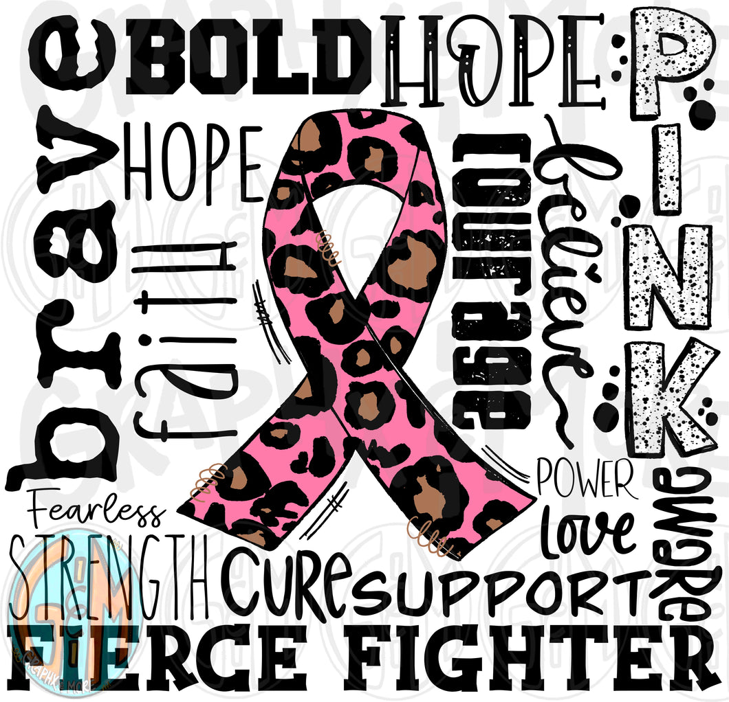 Pink Leopard Breast Cancer Collage PNG | Sublimation Design | Hand Drawn