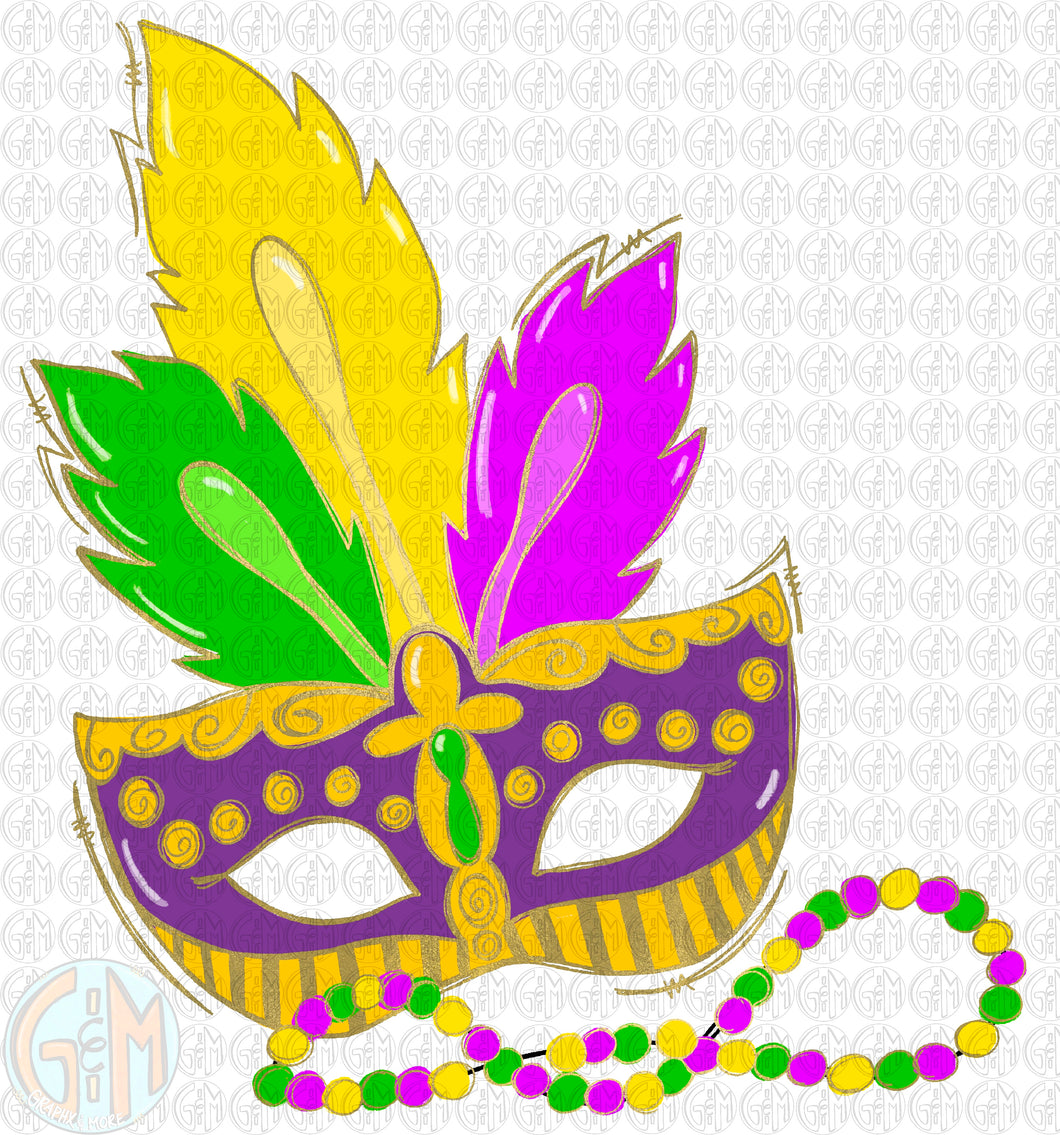 Mardi Gras Mask and Beads PNG | Hand Drawn | Sublimation Design