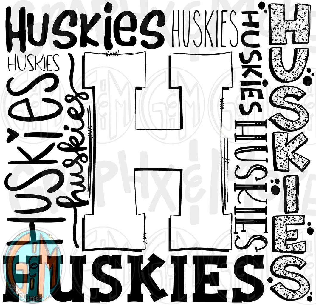 Single Color Huskies Collage PNG | Sublimation Design | Hand Drawn