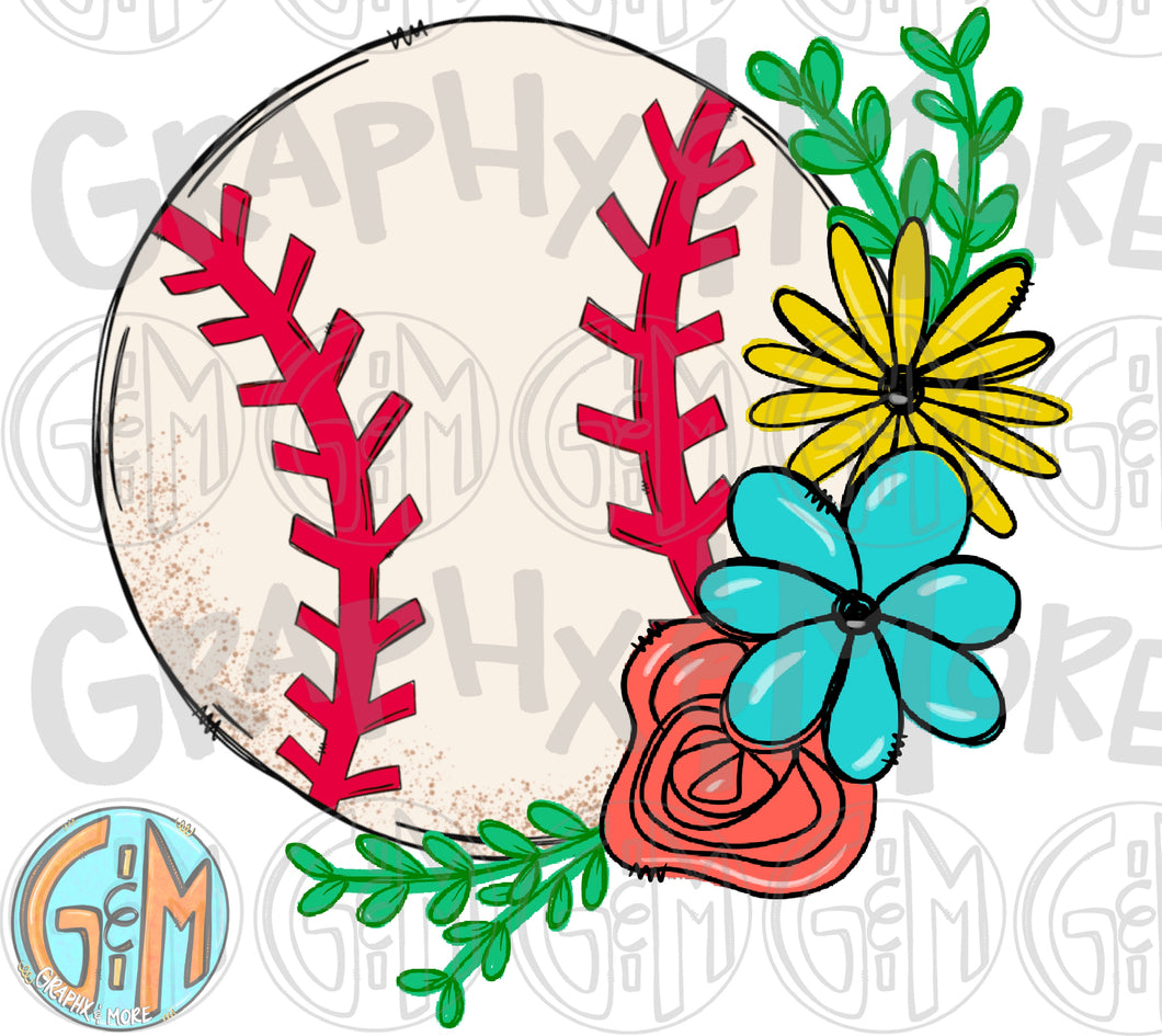Floral Baseball PNG | Sublimation Design | Hand Drawn