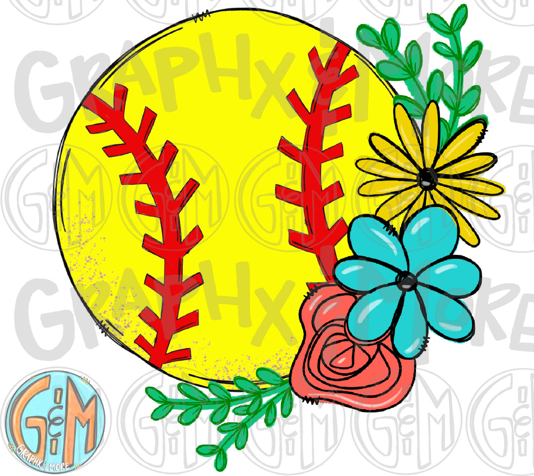 Floral Softball PNG | Sublimation Design | Hand Drawn