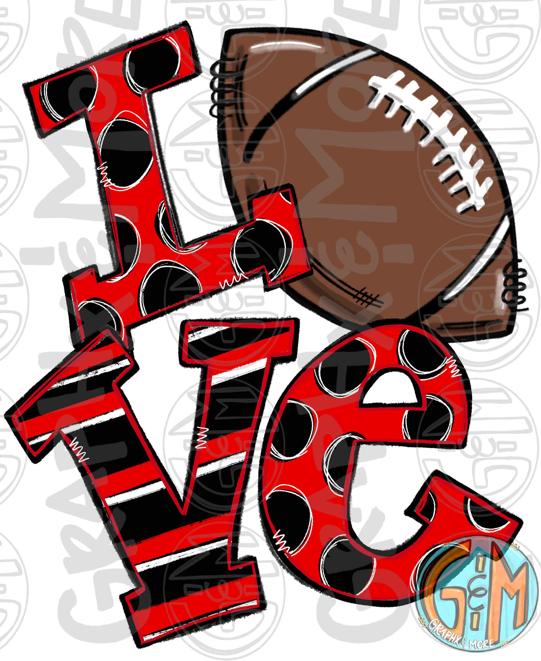 LOVE Football PNG | Red & Black | Sublimation Design | Hand Drawn