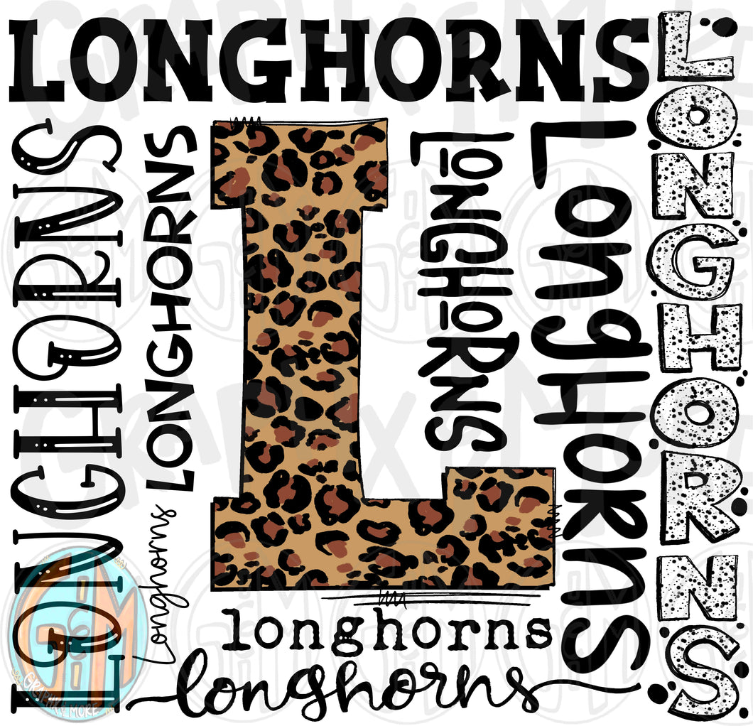 Leopard Longhorns Collage PNG | Sublimation Design | Hand Drawn